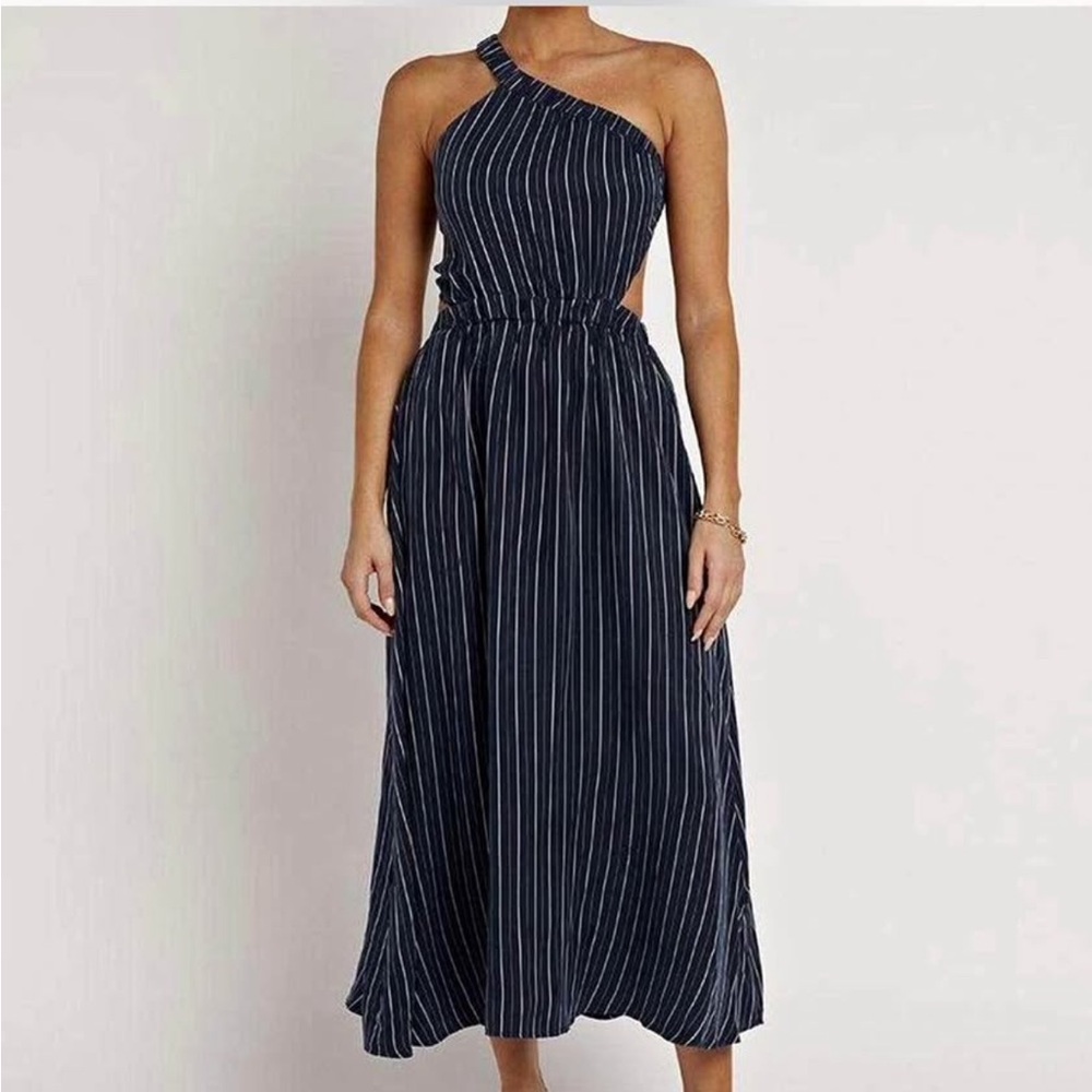 DISSH One-Shoulder Navy and White Midi Dress